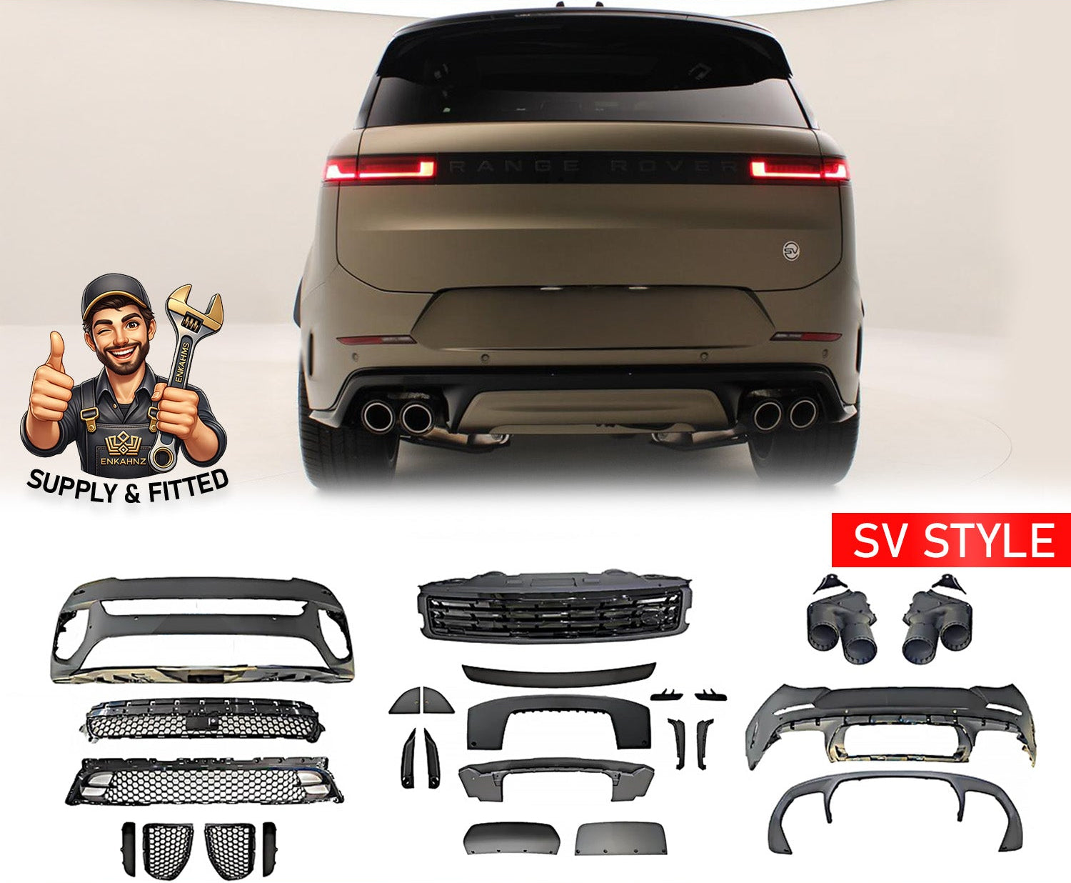 SV style Car body kit for Range Rover Sport 2023+ with Enkahnz branding and the products in the bottom.
