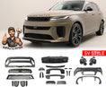 Load image into Gallery viewer, Range Rover Sport 2023+ with SV Style bodykit components displayed below, branded by Enkahnz.
