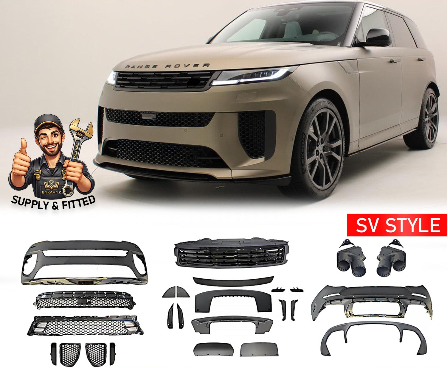 Range Rover Sport 2023+ with SV Style bodykit components displayed below, branded by Enkahnz.