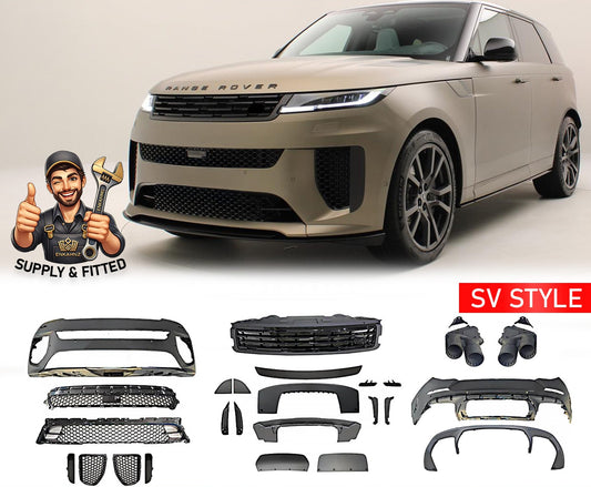 Range Rover Sport 2023+ with SV Style bodykit components displayed below, branded by Enkahnz.