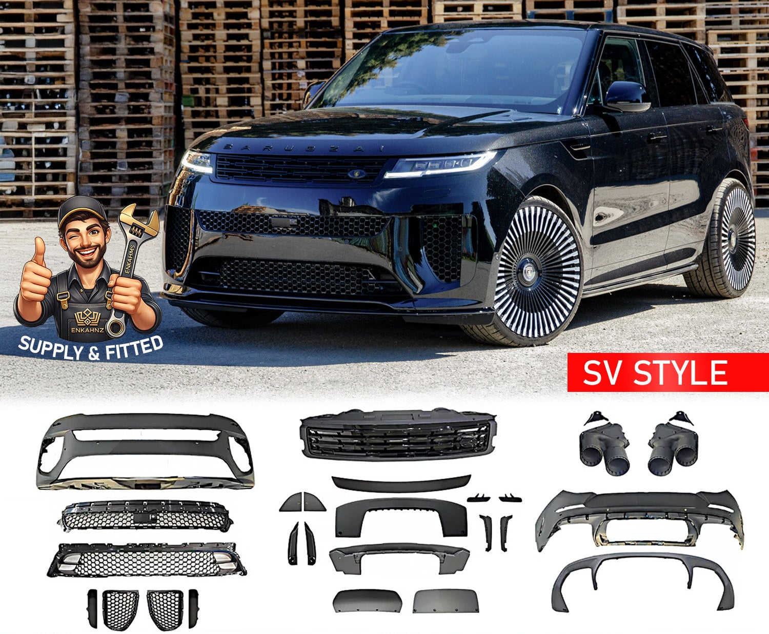 Range Rover Sport 2023+ with SV Style bodykit components displayed below, branded by Enkahnz.