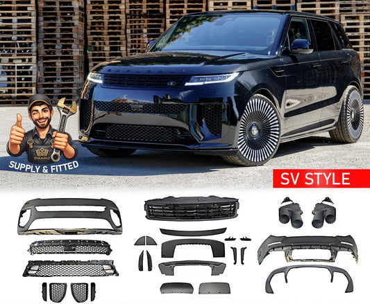 Range Rover Sport 2023+ with SV Style bodykit components displayed below, branded by Enkahnz.