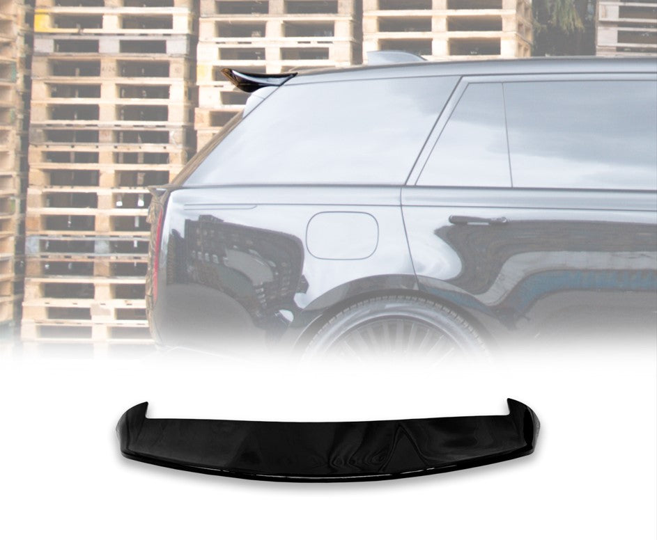 Side view of a Range Rover L460 Vogue Gloss Black with a Rear Roof Spoiler with wooden pallets in the opaque white background and the rear roof spoiler placed in front of a white background in the bottom.