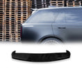Load image into Gallery viewer, Side view of a Range Rover L460 Vogue Gloss Black with a Rear Roof Spoiler with wooden pallets in the background and the rear roof spoiler placed in front of a white background in the bottom.

