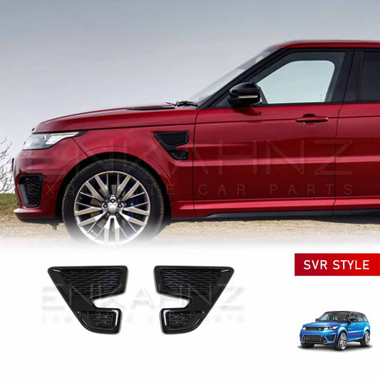 Side angle close-up of a red Range Rover Sport featuring ENKAHNZ SVR Style black side vents, highlighting the sporty design and bold contrast against the red paintwork.