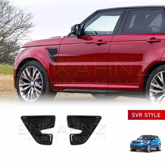 Rear quarter, slightly zoomed-in image of the red Range Rover Sport with ENKAHNZ SVR Style black side vents clearly visible, emphasizing the upgraded and aggressive styling.