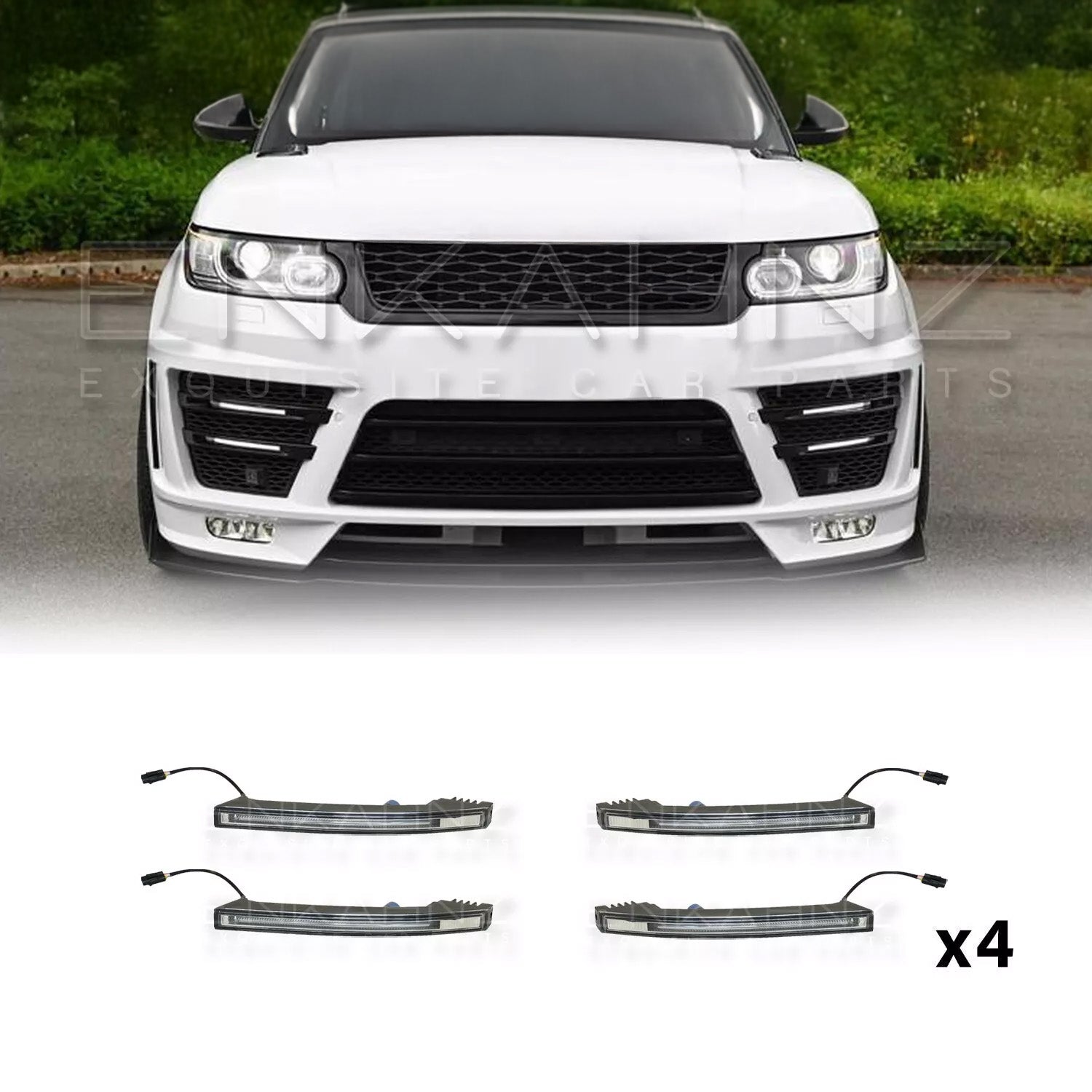 White car with a set of four LED light bars displayed below on a white background.