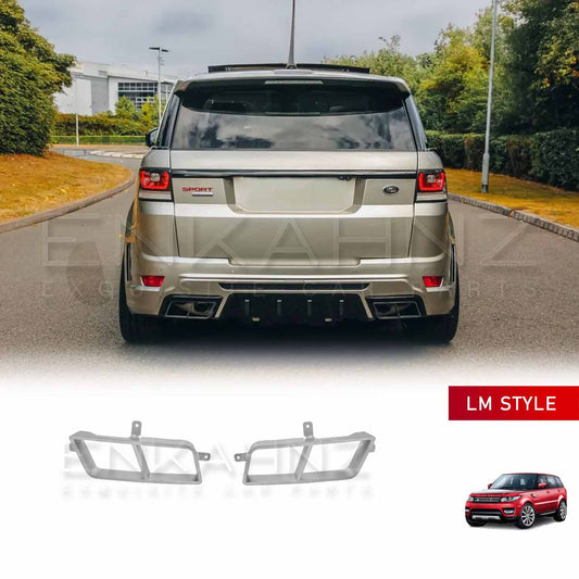 Golden Range Rover Sport (2013-2017) with ENKAHNZ LM Style bodykit, featuring silver rear exhaust tips installed; product image of the exhaust tips shown at the bottom for reference.
