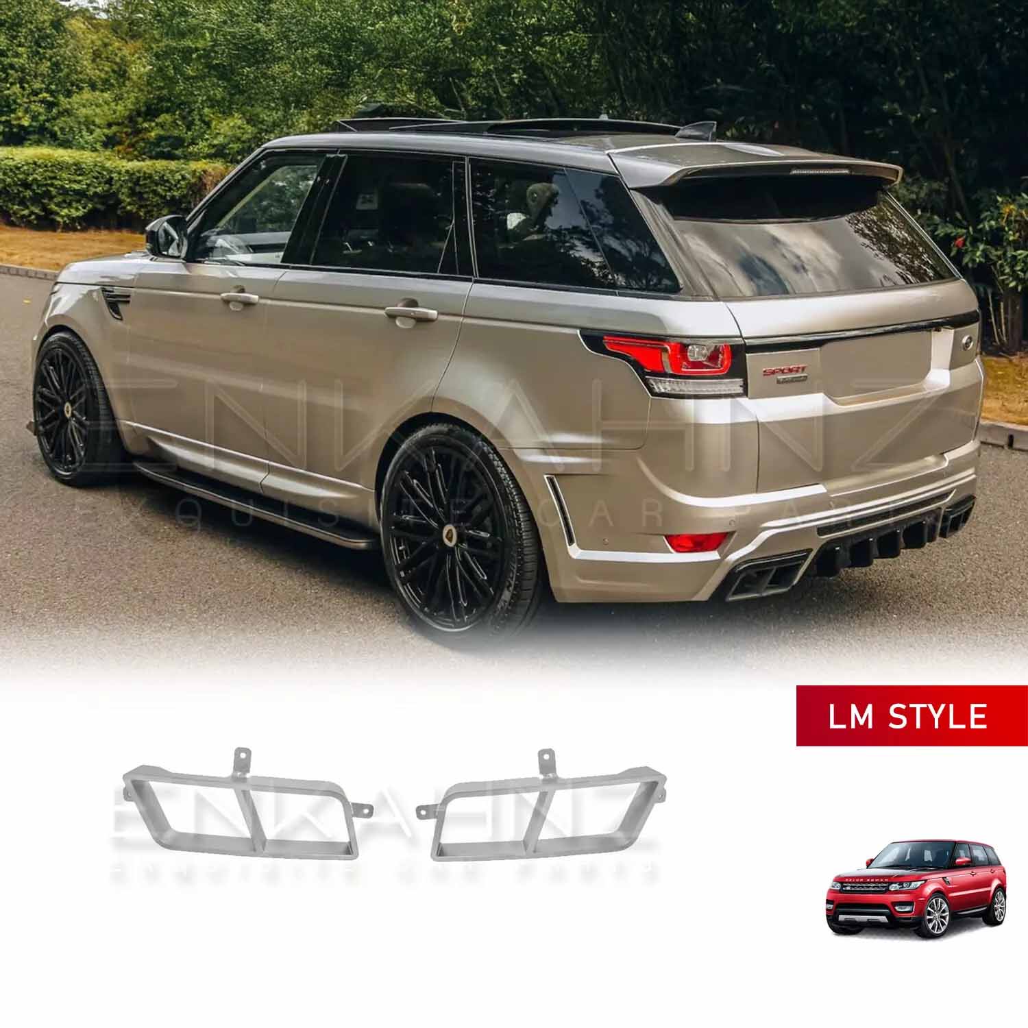 Rear quarter angle of the golden Range Rover Sport highlighting the fitted silver rear exhaust tips integrated with the LM Style bodykit, showcasing sporty and premium design.