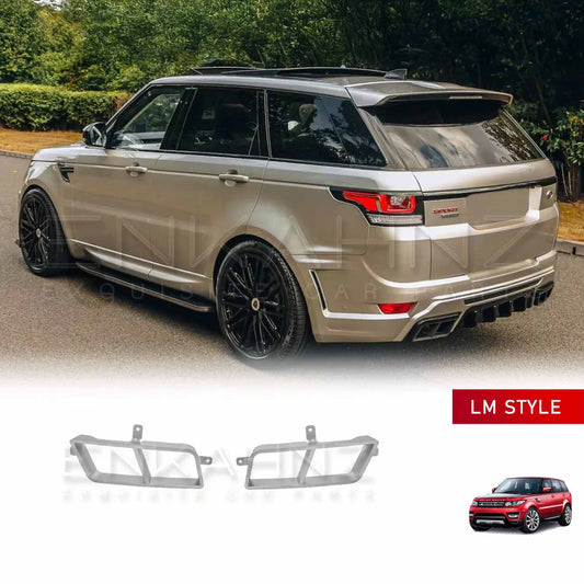 Rear quarter angle of the golden Range Rover Sport highlighting the fitted silver rear exhaust tips integrated with the LM Style bodykit, showcasing sporty and premium design.