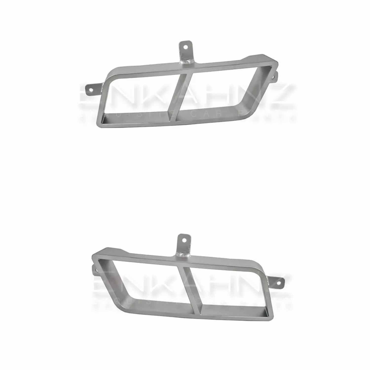 Two-product image shots of the silver rear exhaust tips for Range Rover Sport LM Style (2013-2017) shown from different angles on a clean white backdrop, emphasizing quality and styling details.