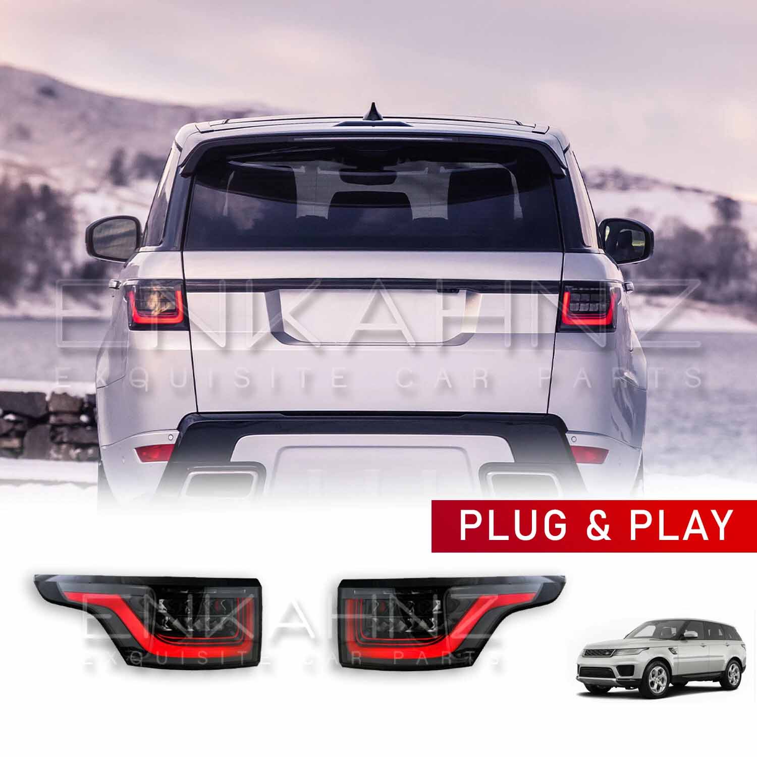 Rear view of a Range Rover Sport (2013–2022) fitted with ENKAHNZ OEM style rear lights, set against a snowy landscape, highlighting the lights’ sleek, modern design and bright illumination.