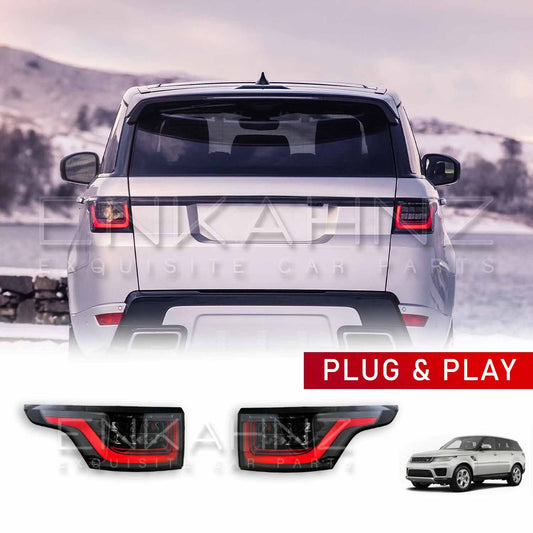 Rear view of a Range Rover Sport (2013–2022) fitted with ENKAHNZ OEM style rear lights, set against a snowy landscape, highlighting the lights’ sleek, modern design and bright illumination.