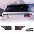 Load image into Gallery viewer, Up-close rear quarter shot of a Range Rover Sport with ENKAHNZ OEM style rear lights installed; the product image of the tail light is featured at the bottom for clear detail and visual comparison.
