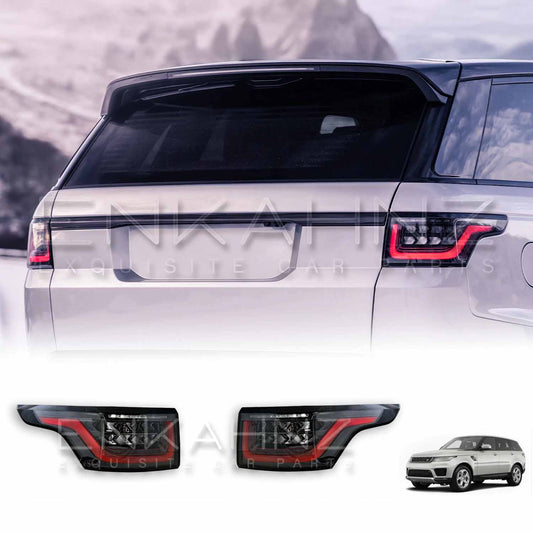 Up-close rear quarter shot of a Range Rover Sport with ENKAHNZ OEM style rear lights installed; the product image of the tail light is featured at the bottom for clear detail and visual comparison.