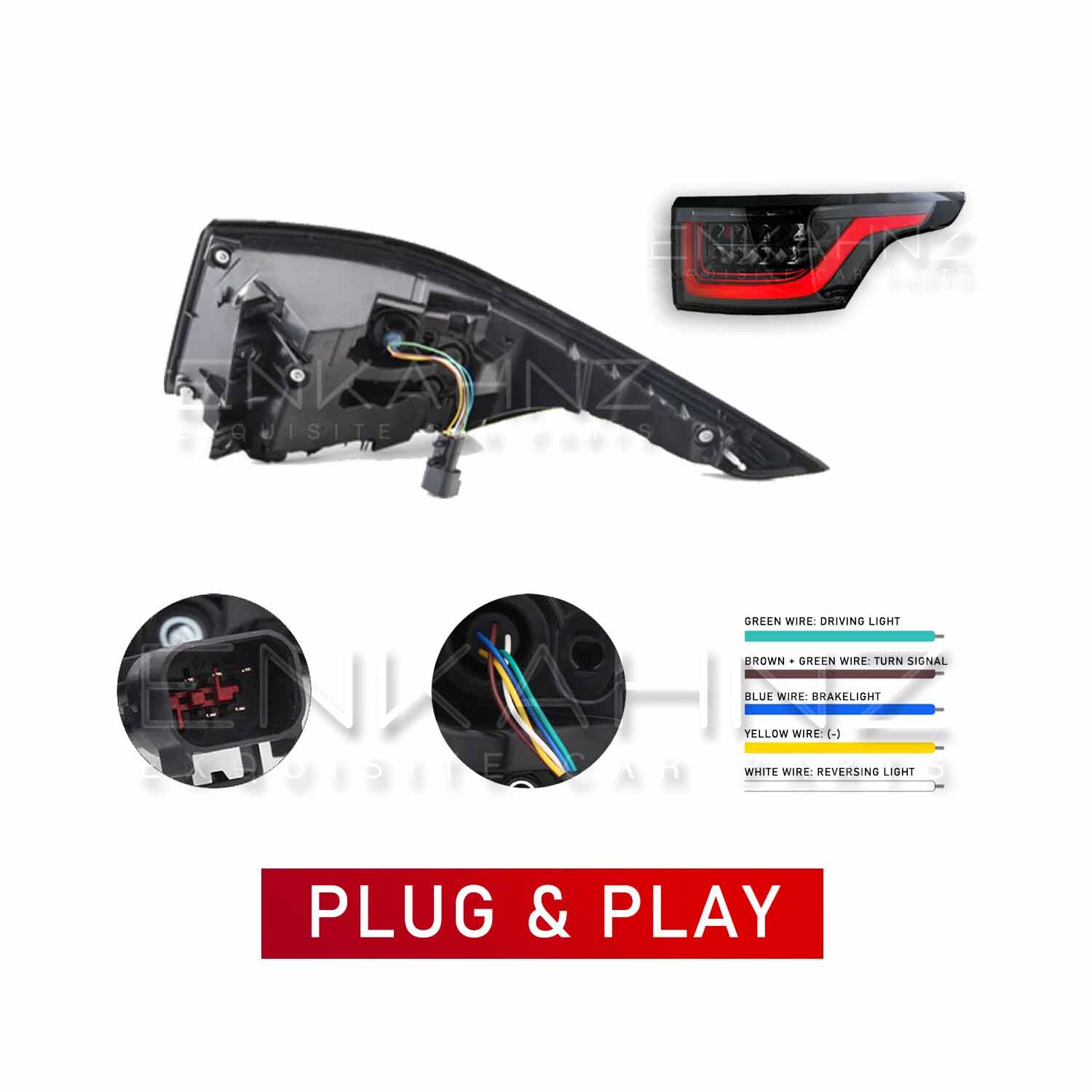 Product image showing the back side of the ENKAHNZ OEM style rear light for Range Rover Sport, with visible wiring components labeled, providing insight into wiring connections and installation clarity.