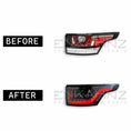 Load image into Gallery viewer, Side-by-side comparison image with original Range Rover Sport rear lights and ENKAHNZ OEM style rear lights at the bottom, both on a white backdrop, illustrating style differences and upgraded features.
