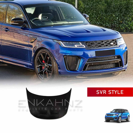 Slight closeup, top-down view of a blue Range Rover Sport featuring the ENKAHNZ SVR style bonnet, highlighting the sculpted design and aggressive styling details.