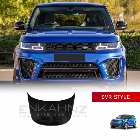 Front-facing view of a blue Range Rover Sport with the ENKAHNZ SVR style bonnet, emphasizing the bold contours and premium upgrade on the vehicle’s front end.