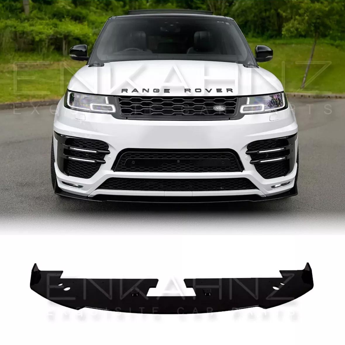 Front view of a White Range Rover Sport L494, fitted with Barugzai Sport Aero II bodykit with a black front splitter on a road with greenery in the background