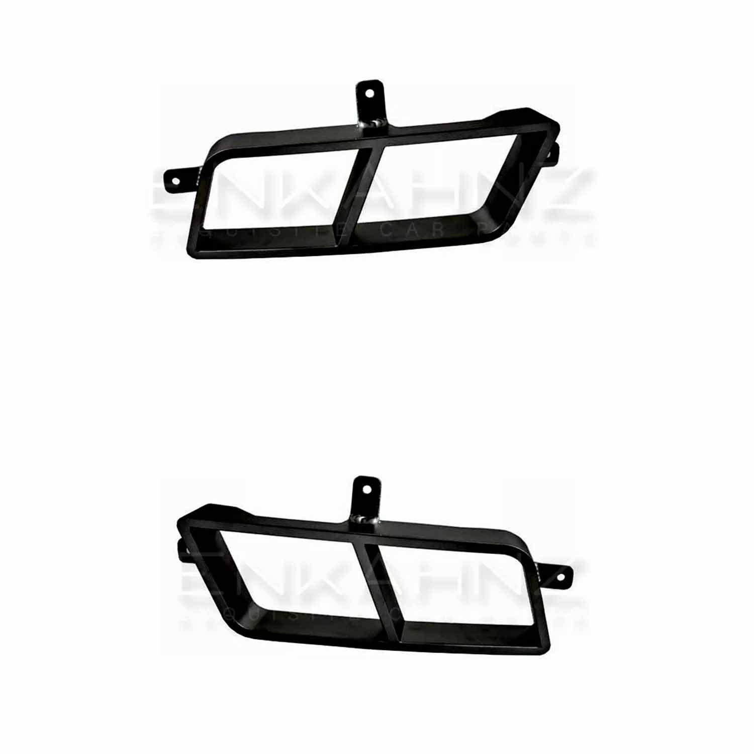 Two product shots of the ENKAHNZ black LM Style exhaust tips from different angles on a clean white backdrop, highlighting their sleek design and high-quality finish.