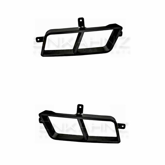 Two product shots of the ENKAHNZ black LM Style exhaust tips from different angles on a clean white backdrop, highlighting their sleek design and high-quality finish.