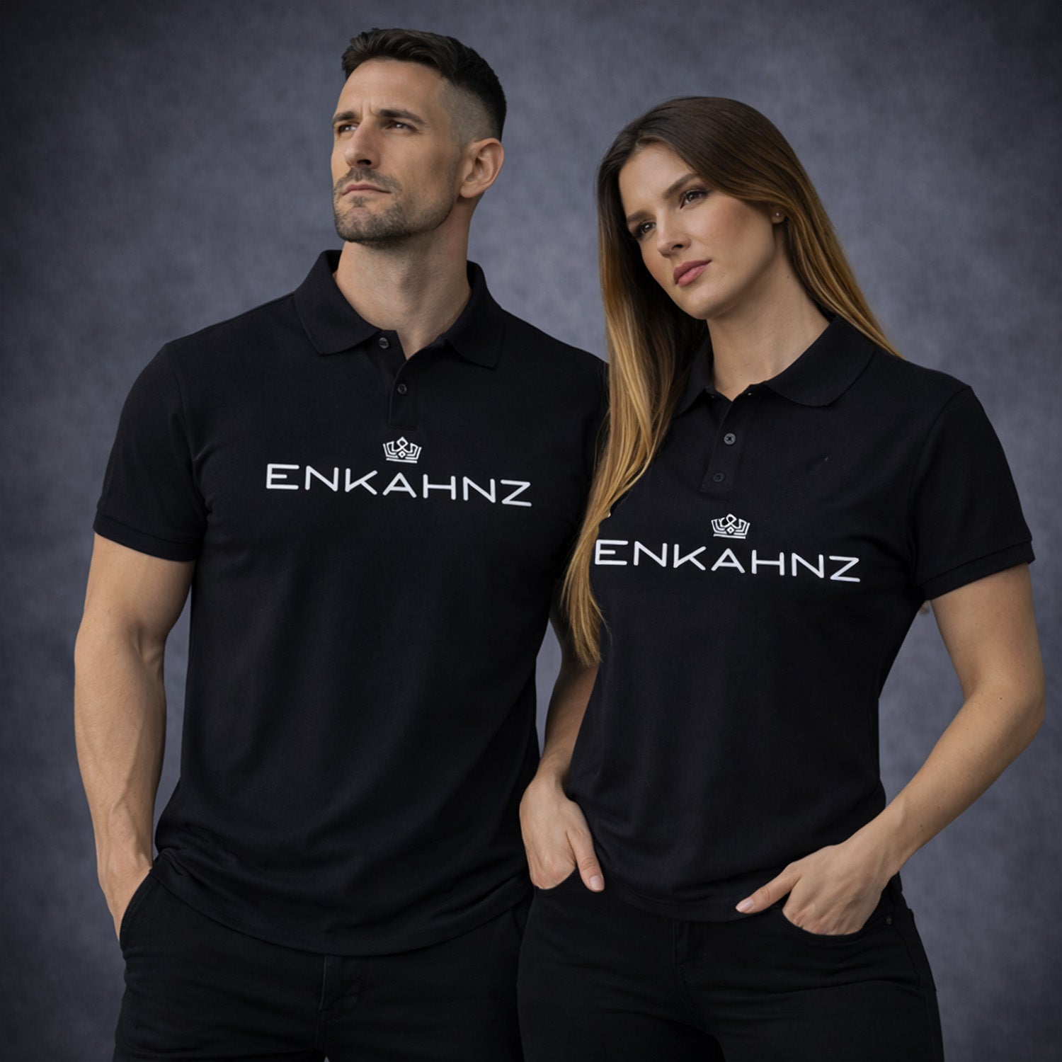 Two people wearing black polo shirts with 'ENKAHNZ' logo on a gray studio background.