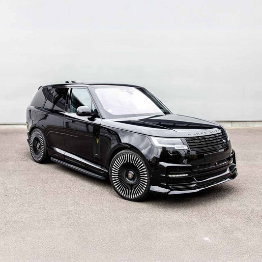 Barugzai Nebula bodykit in gloss black on Range Rover Vogue L460 front quarter angle with Casanova wheels