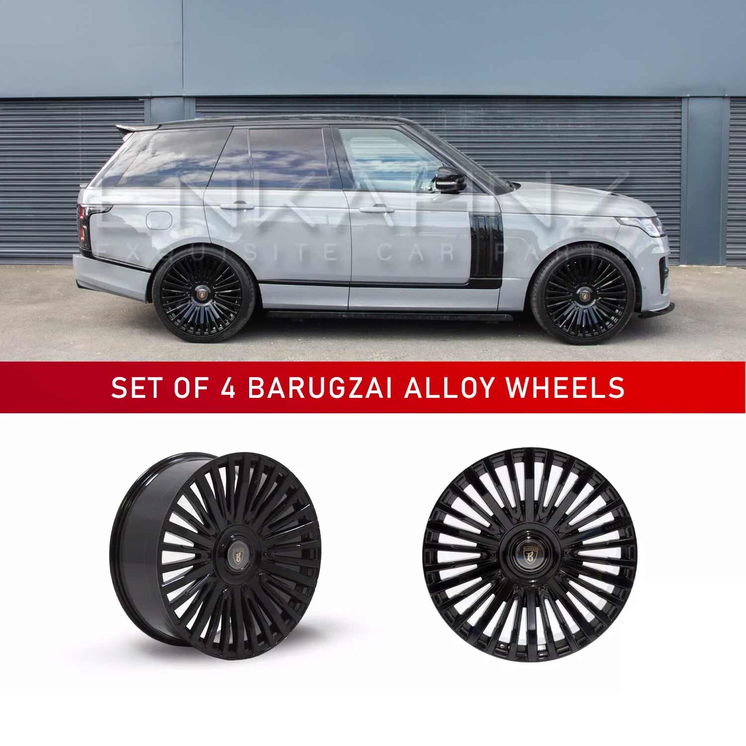 Side view of Range Rover L405 2018-2021, fitted with SVO style bodykit with Barugzai Casanova alloy wheels in Gloss Black, displayed on a white background.