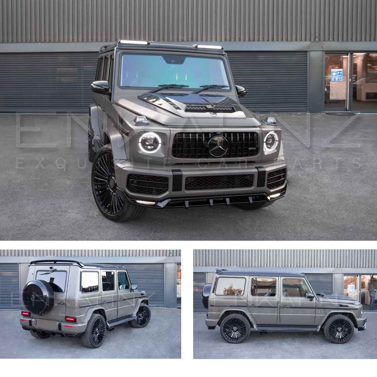 Mercedes-Benz G-Class SUV in champagne bronze shown from front, side, and rear angles parked outside Enkahnz HQ. Fitted with Barugzai Casanova 22" alloy wheels in Gloss black.