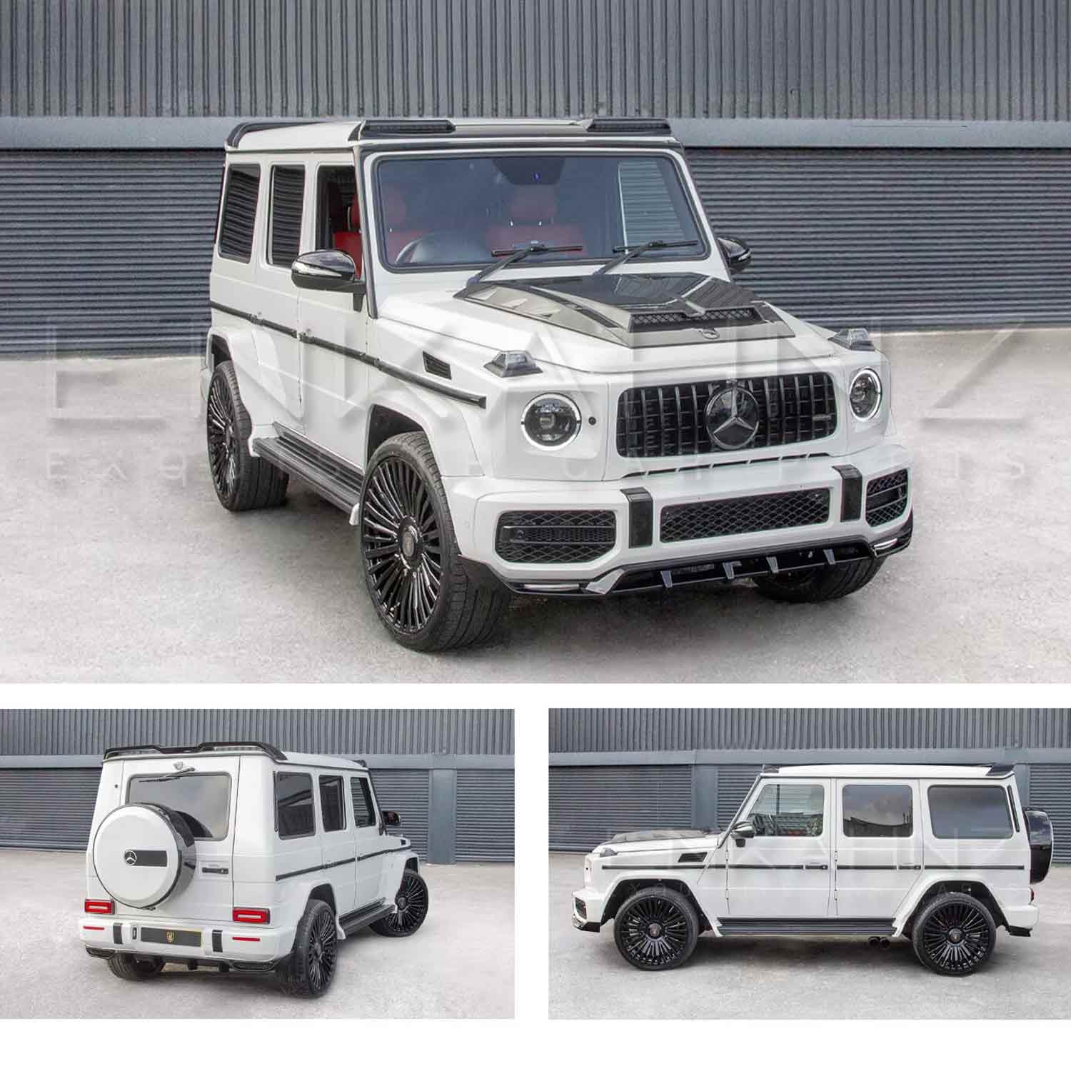 White Mercedes-Benz G-Class SUV shown from front, side, and rear angles parked outside in front of Enkahnz HQ. 