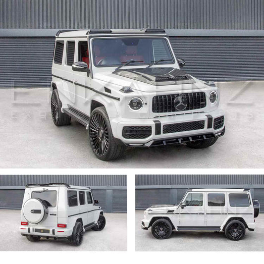 White Mercedes-Benz G-Class SUV shown from front, side, and rear angles parked outside in front of Enkahnz HQ. 