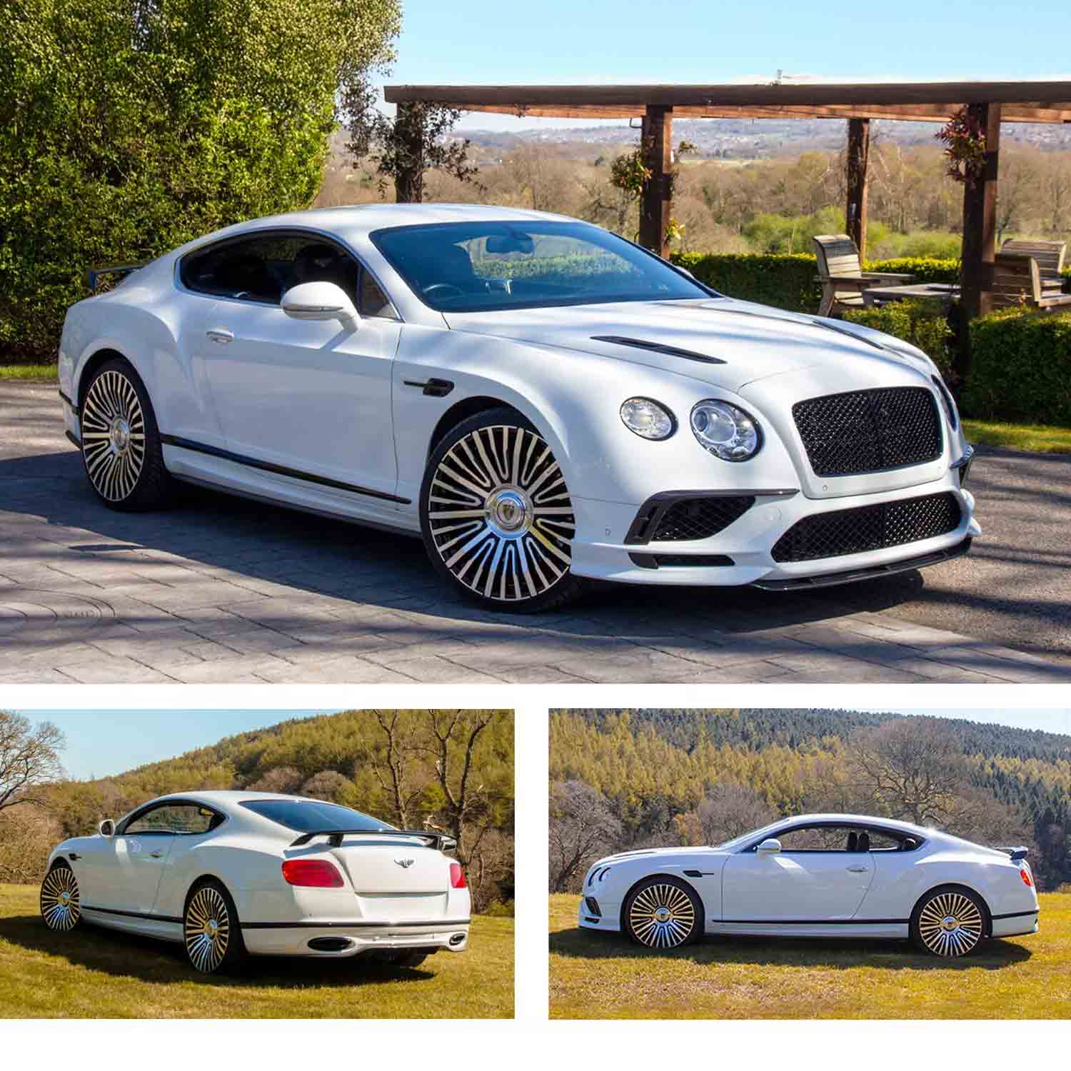 White Bentley Continental Range Ro 2011-2018, fitted Barugzai Mayfair II bodykit, three different angles shit outside a stately home background. Fitted with Barugzai Casanova 22" alloy wheels in Gloss Black Polished Face
