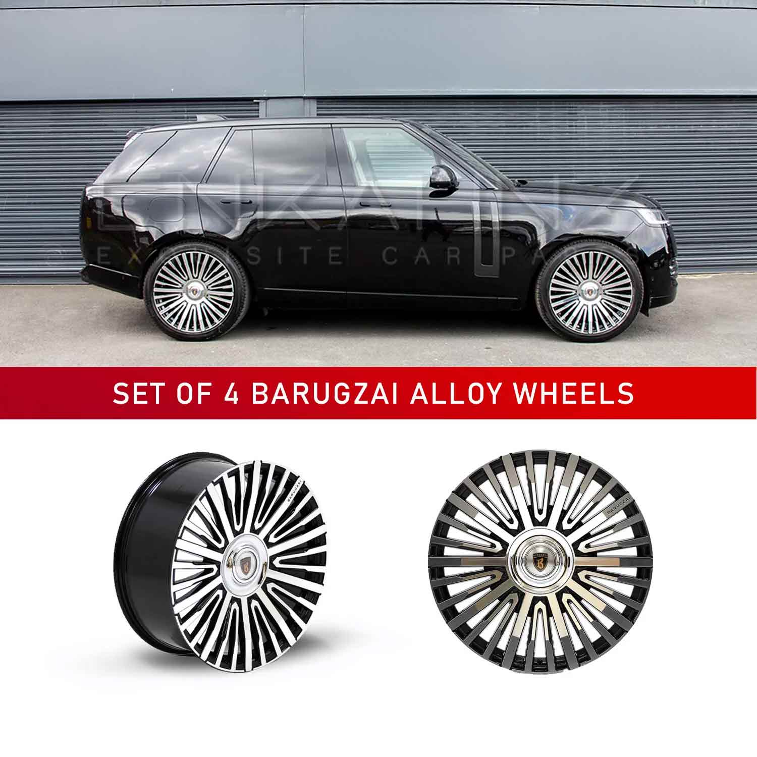 Side view of Range Rover L405 2022, with Barugzai Casanova alloy wheels in Gloss Black Polished Face, displayed on a white background.