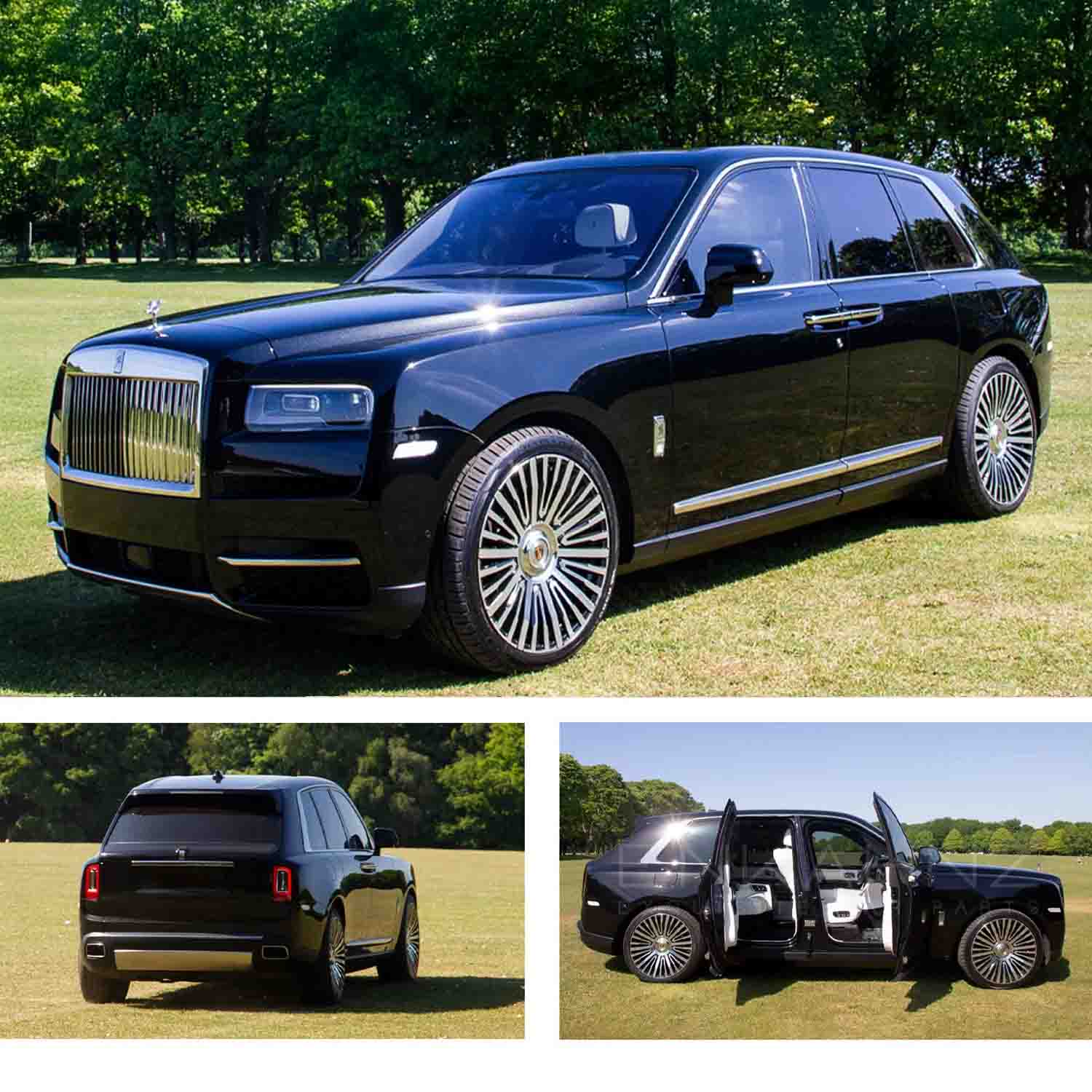 Black Rolls Royce Cullinan 2018, three different angles shot outdoors on a large lawn background. Fitted with Barugzai Casanova 22" alloy wheels in Gloss Black Polished Face