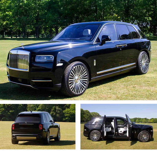 Black Rolls Royce Cullinan 2018, three different angles shot outdoors on a large lawn background. Fitted with Barugzai Casanova 22" alloy wheels in Gloss Black Polished Face