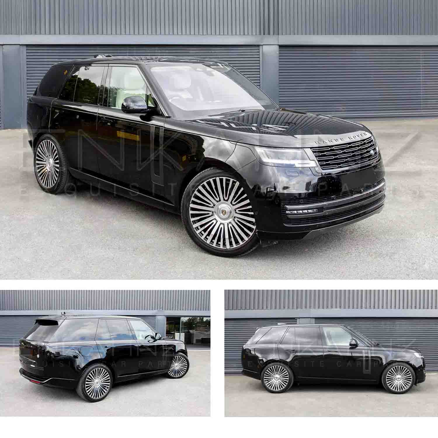 Black Range Rover L460 2022, three different angles shot outside the Enkahnz HQ. Fitted with Barugzai Casanova 22" alloy wheels in Gloss Black Polished Face