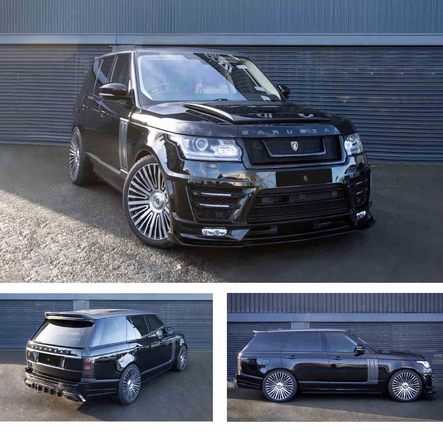 Black Range Rover L405 2013-2017, fitted with Barugzai Vogue Luxe bodykit, three different angles shot outside the Enkahnz HQ. Fitted with Barugzai Casanova 22" alloy wheels in Gloss Black Polished Face