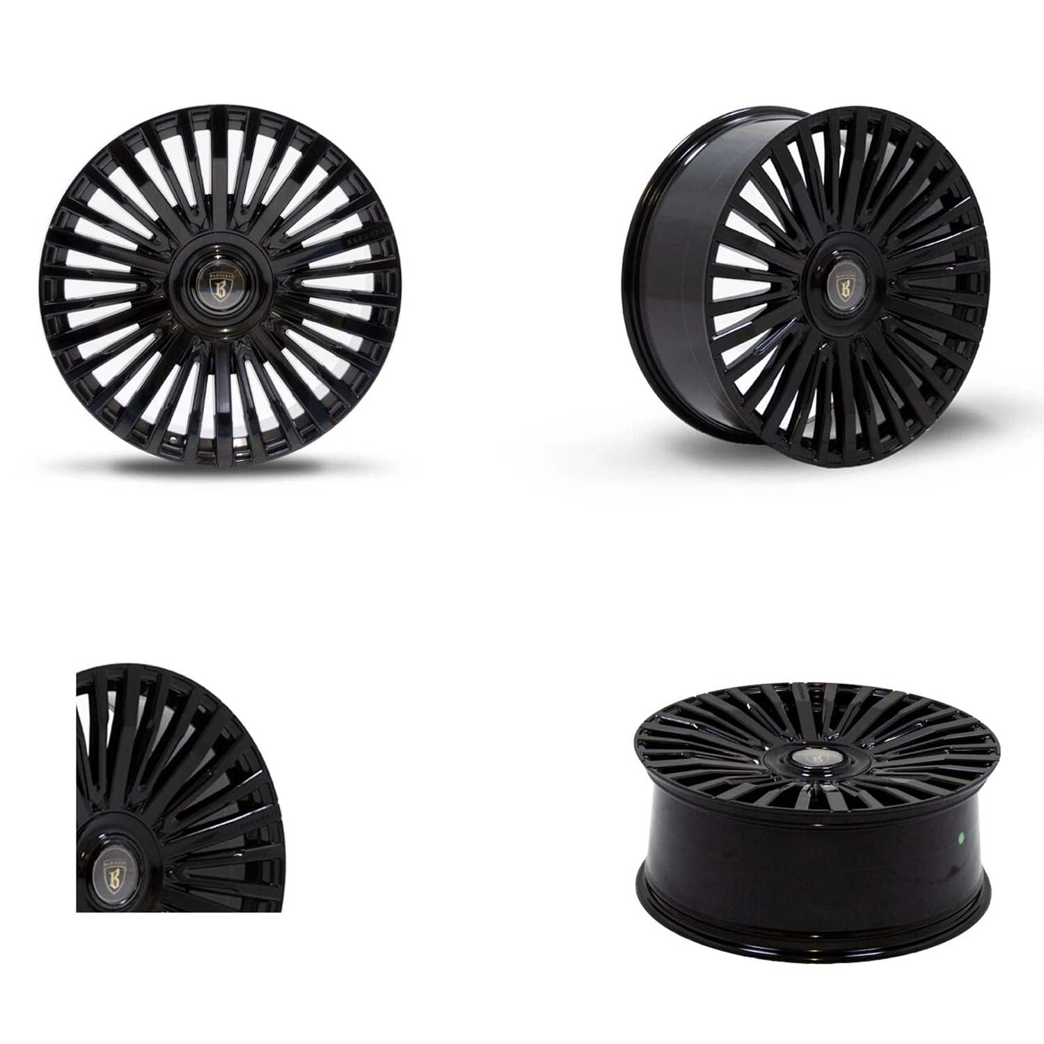 Set of Gloss black Barugzai Casanova alloy wheels, with detailed design on a white background