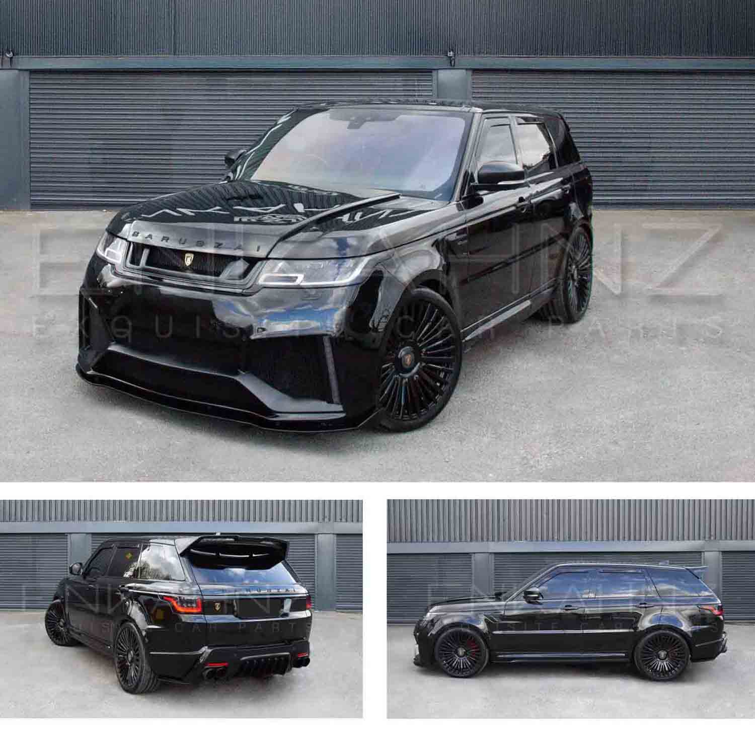Black Range Rover L405 2018-2021, fitted with Barugzai Bison bodykit with additional images showing different angles on a white background. Fitted with Barugzai Casanova 22" alloy wheels in Gloss Black. 