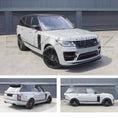 Load image into Gallery viewer, Nardo Grey Range Rover L405 2018-2021, fitted with SVO style bodykit, three different angles on a white background. Fitted with Barugzai Casanova 22" alloy wheels in Gloss black.
