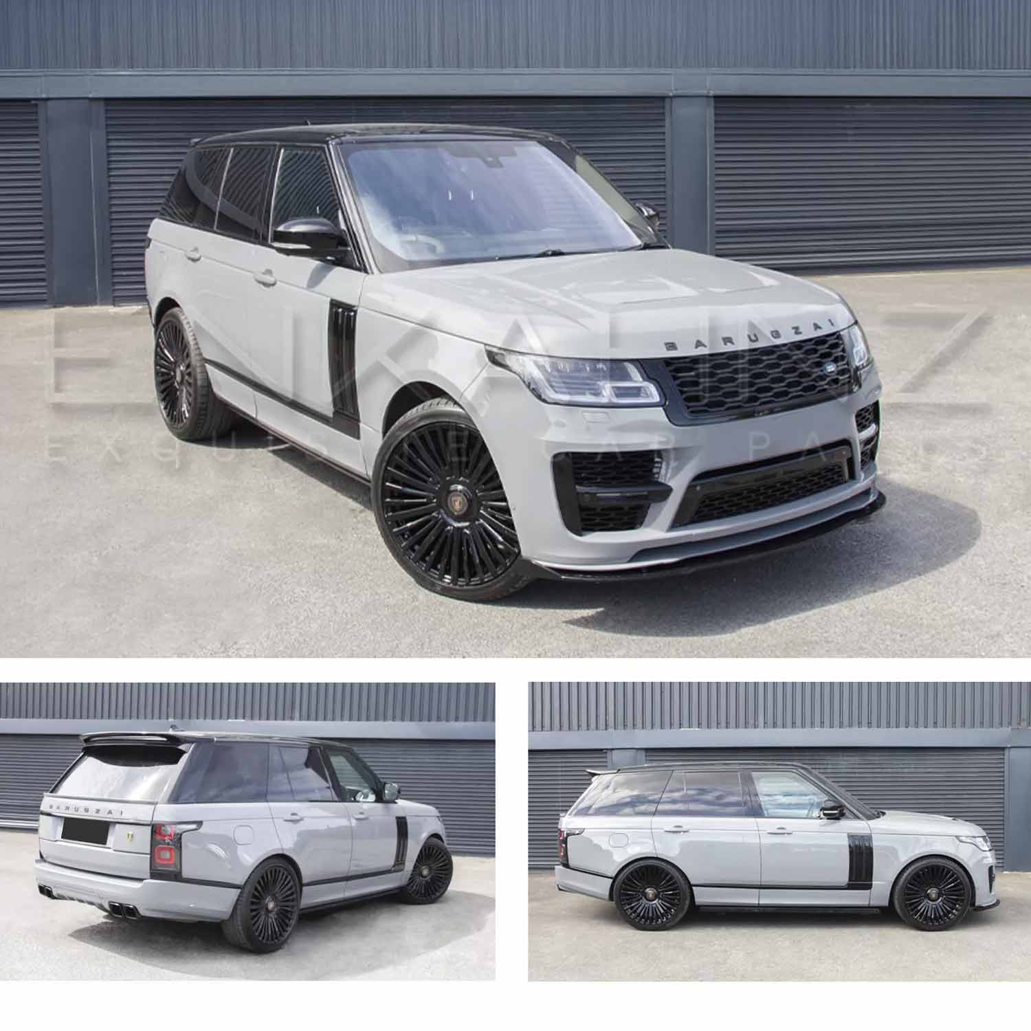 Nardo Grey Range Rover L405 2018-2021, fitted with SVO style bodykit, three different angles on a white background. Fitted with Barugzai Casanova 22" alloy wheels in Gloss black.