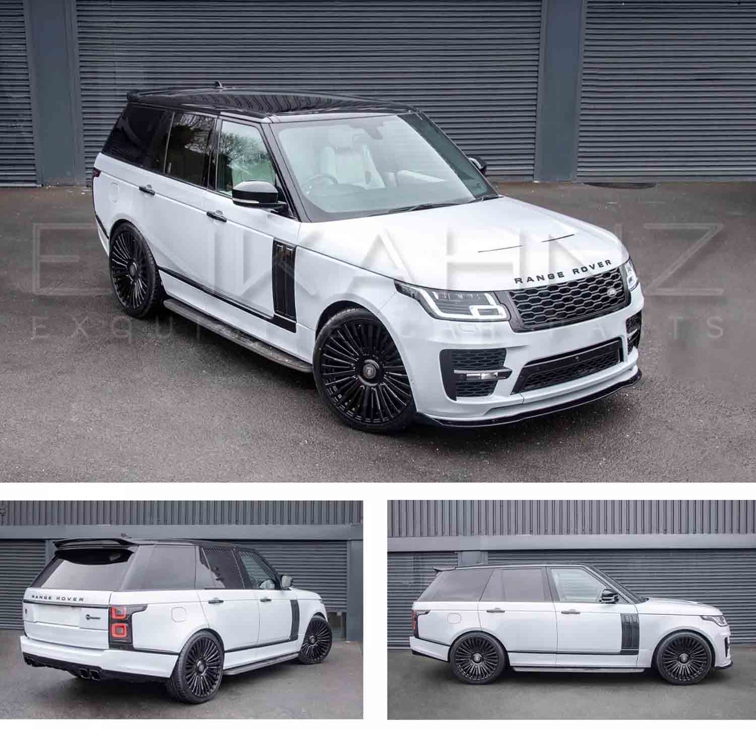 White Range Rover L405 2018-2021, fitted with SVO style bodykit with black accents on a gray, parked outside of Enkahnz HQ. Fitted with Barugzai Casanova 22" alloy wheels in Gloss black