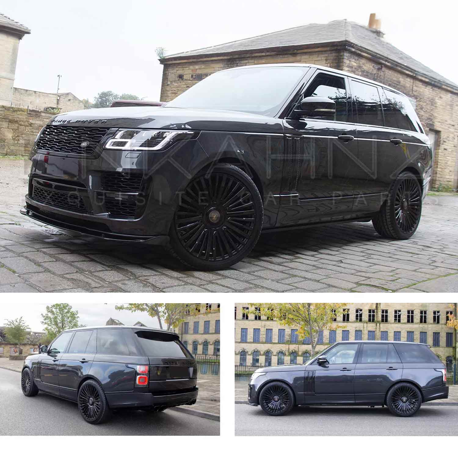 Dark grey Range Rover L405 2018-2021, fitted with SVO style bodykit in an urban setting. Fitted with Barugzai Casanova 22" alloy wheels in Gloss black.