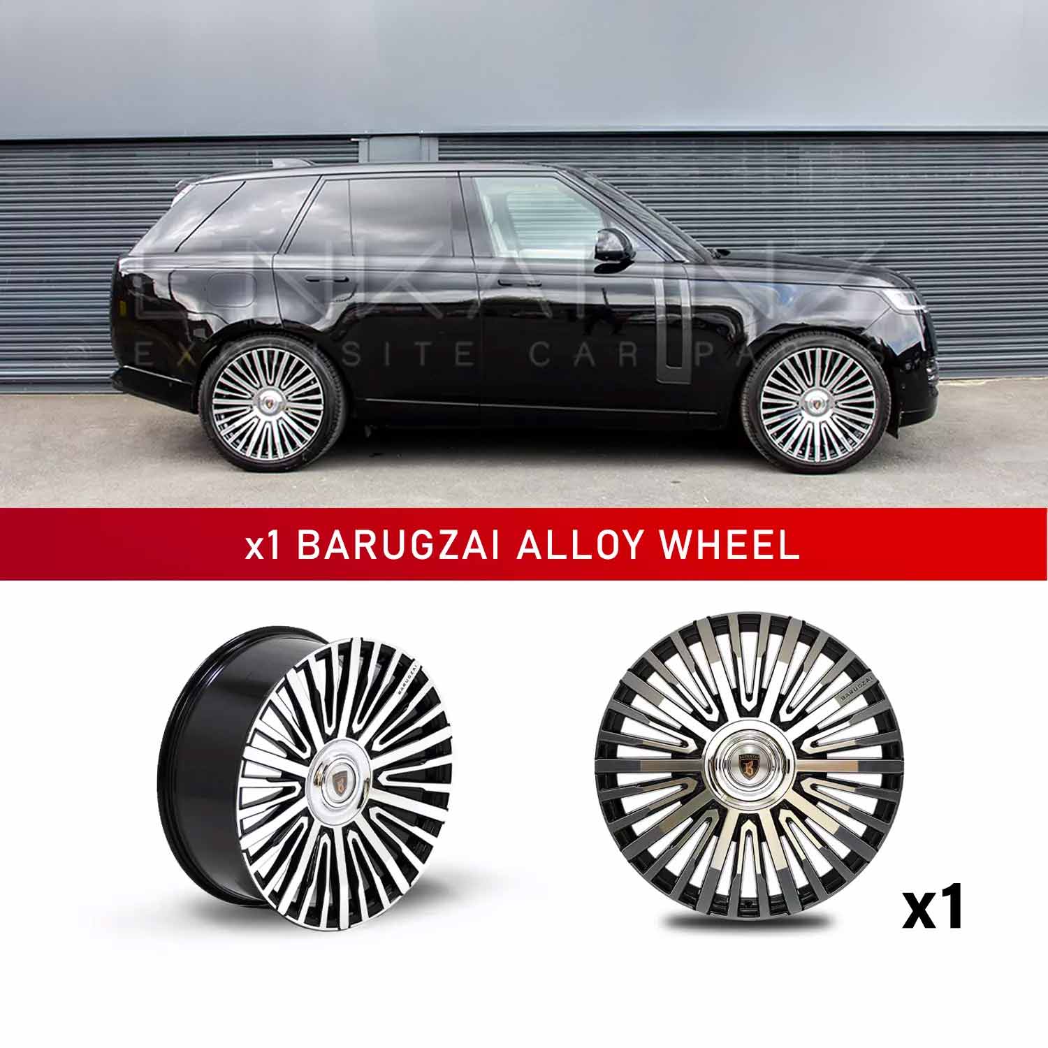 In context shot of a Black Range Rover L405 with Barugzai Casanova 22" Single alloy wheel in Gloss Black Polished Face, displayed on a white background