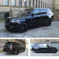 Load image into Gallery viewer, Black Range Rover L405 2013-2017, fitted with SVO style bodykit, shown from different angles shot outside an old mill. Fitted with Barugzai Dawn 22" alloy wheels in Gloss Black 
