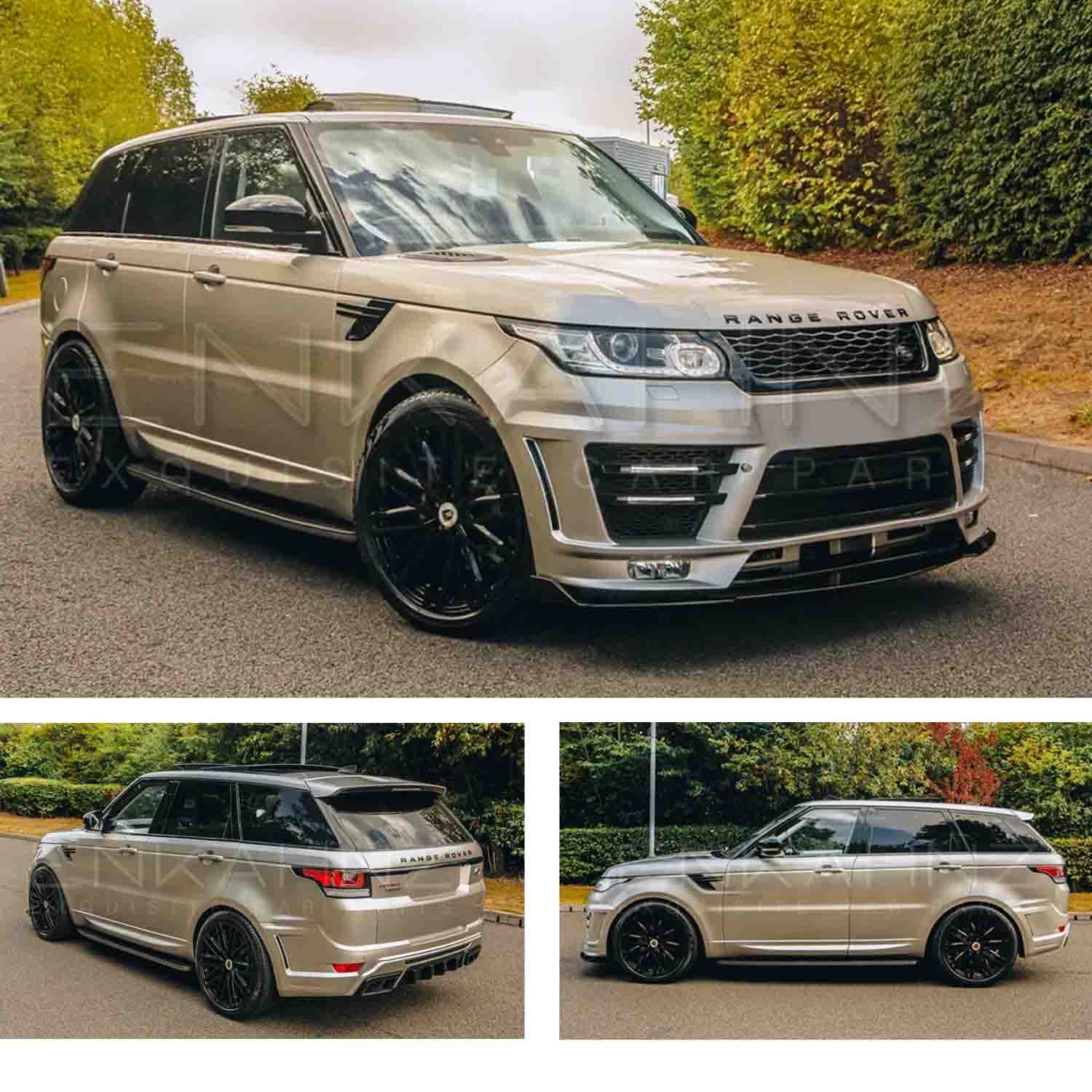 Champagne Range Rover Sport L494 2013-2017, fitted with Barugzai Sport Aero bodykit, shown from different angles with a greenery background. Fitted with Barugzai Dawn 22" alloy wheels in Gloss Black