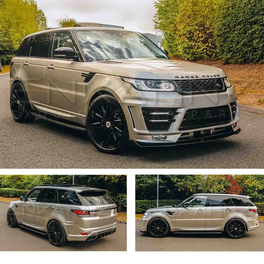 Champagne Range Rover Sport L494 2013-2017, fitted with Barugzai Sport Aero bodykit, shown from different angles with a greenery background. Fitted with Barugzai Dawn 22" alloy wheels in Gloss Black