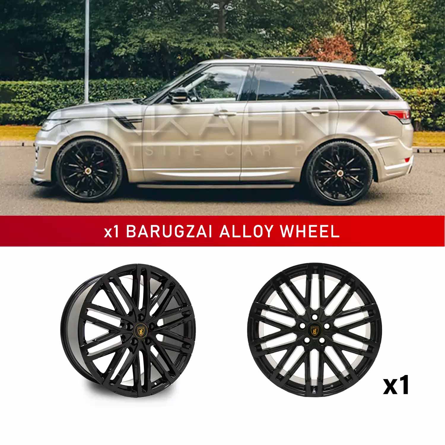 In context shot of a Champagne Range Rover Sport L494 with Barugzai Dawn 22" Single alloy wheel in Gloss Black, displayed on a white background