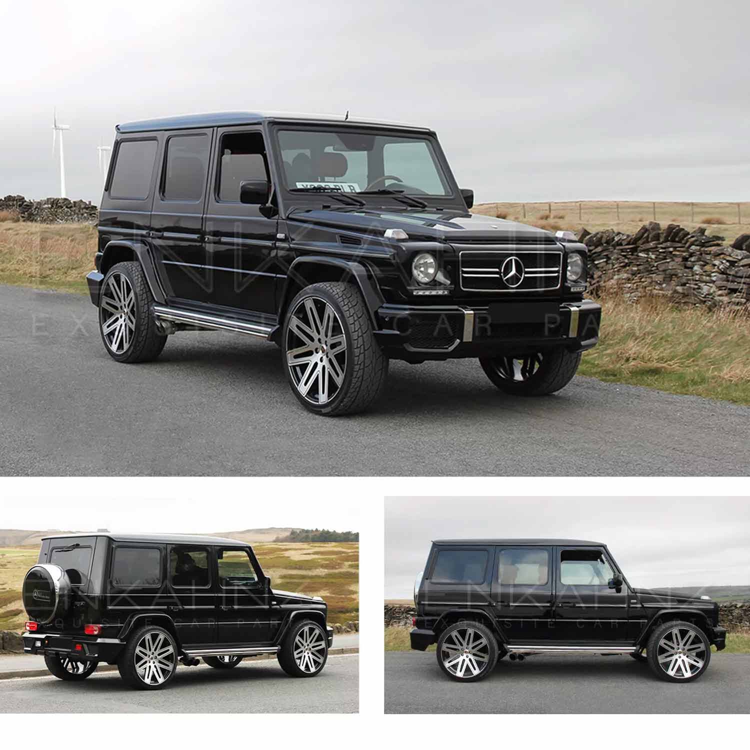 Black Mercedes-Benz G Wagon 1990-2018,  W463 Gen 1 shown from different angles with a rural moor background. Fitted with Barugzai EXEL 24" alloy wheels in Gloss Black Polished Face